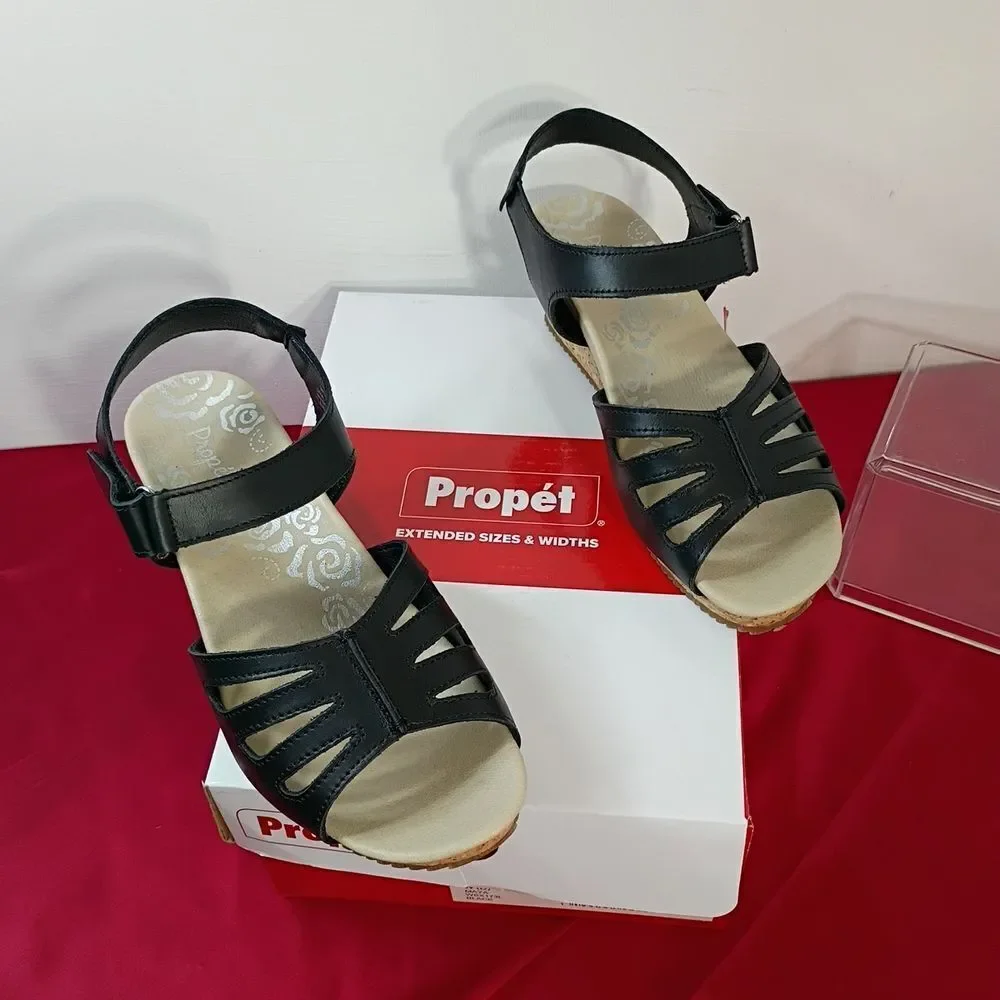 Propet Women's SZ 6W Black Leather Strappy Open Toe Wedge Sandals New With Box.